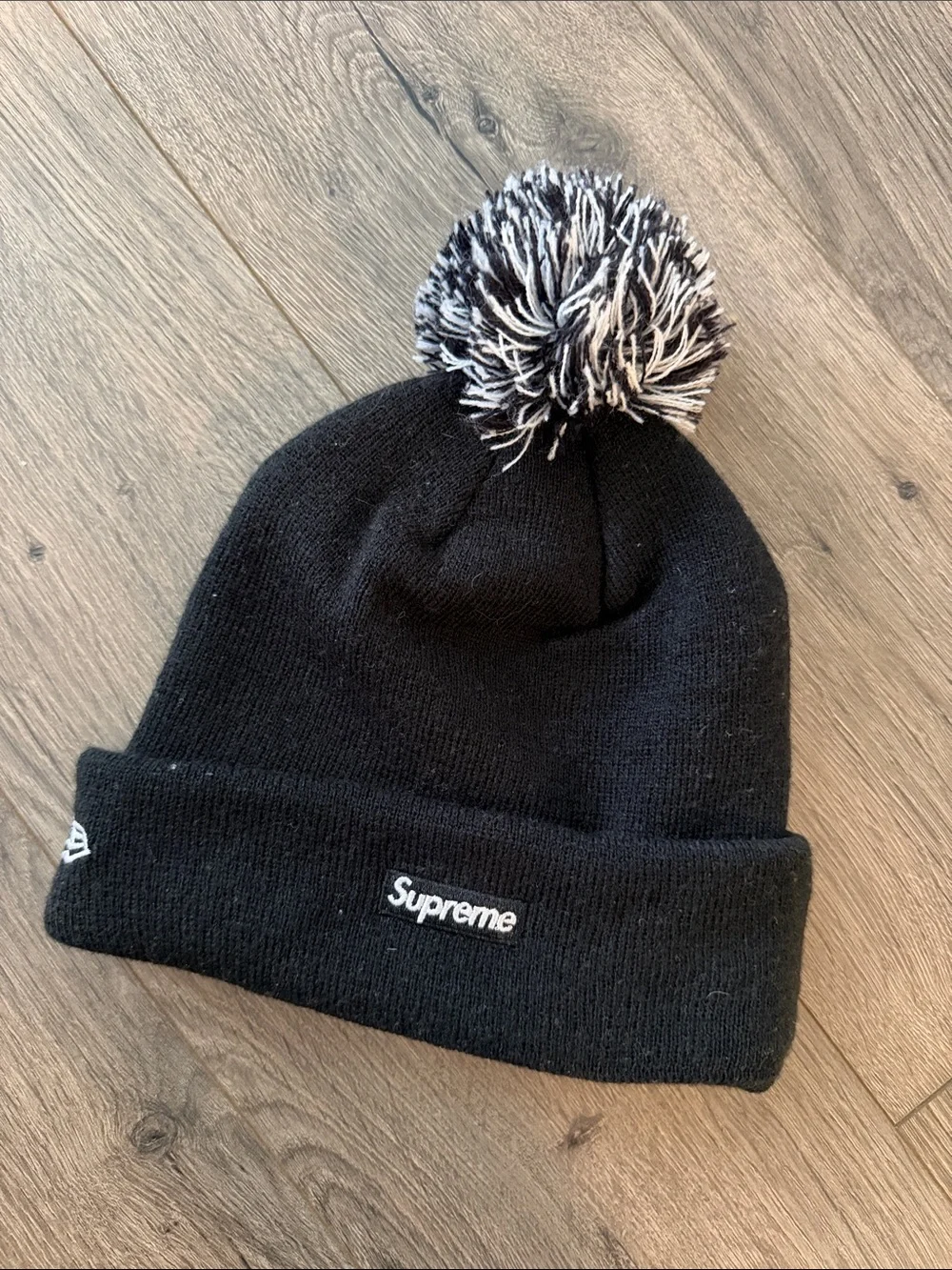 Supreme Black Knit Beanie with Black-and-White Pom